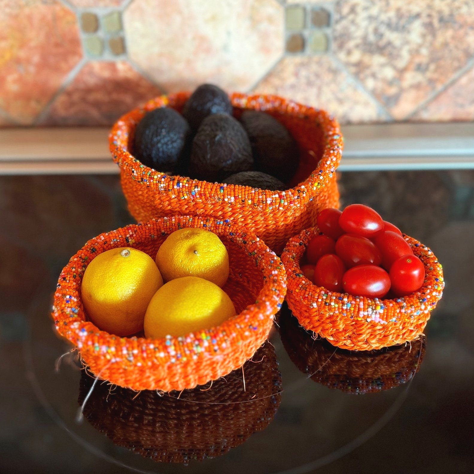 3-Piece Kitui Basket Set (Tangerine w/ Beaded Multicolored Trim) - World Love Global