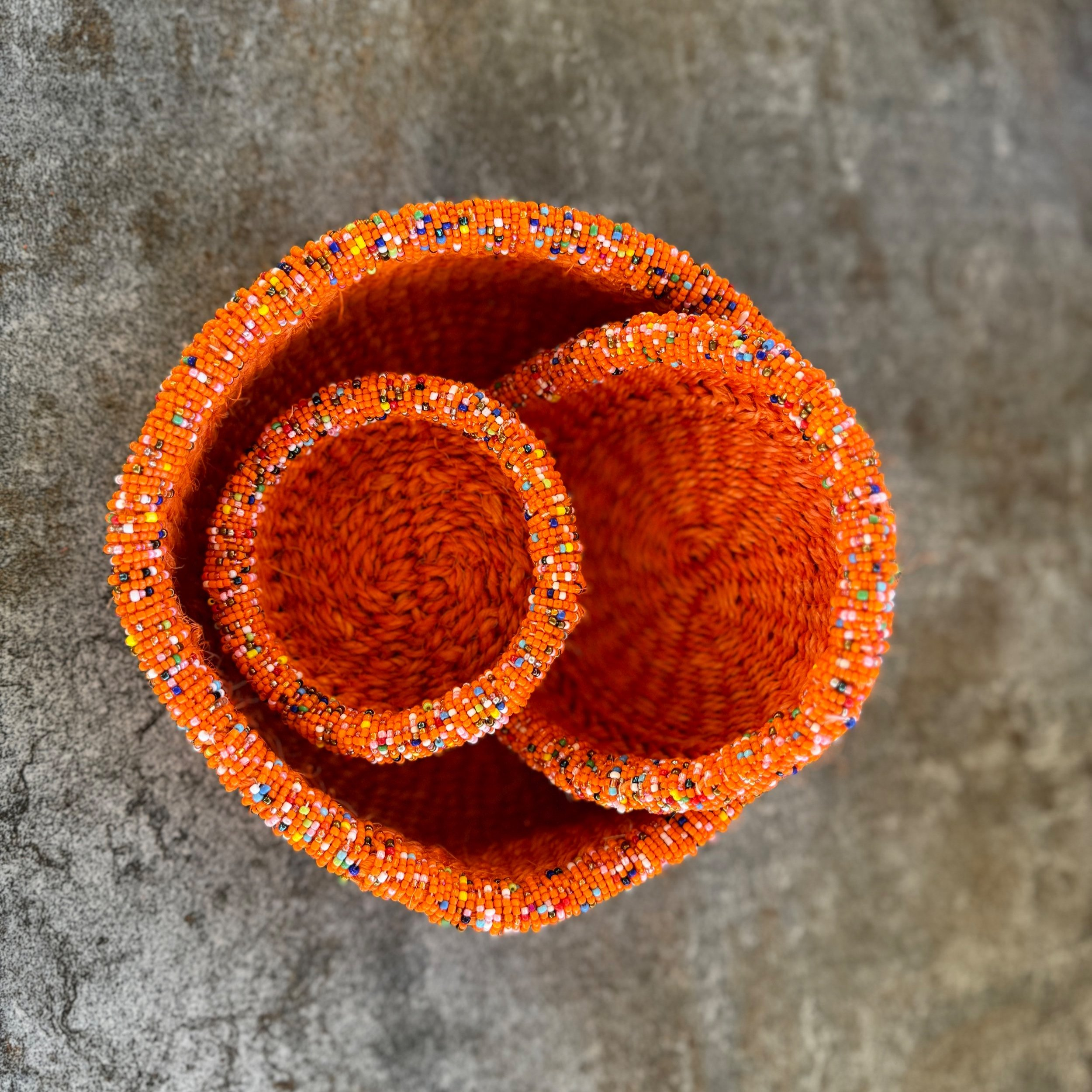 3-Piece Kitui Basket Set (Tangerine w/ Beaded Multicolored Trim) - World Love Global