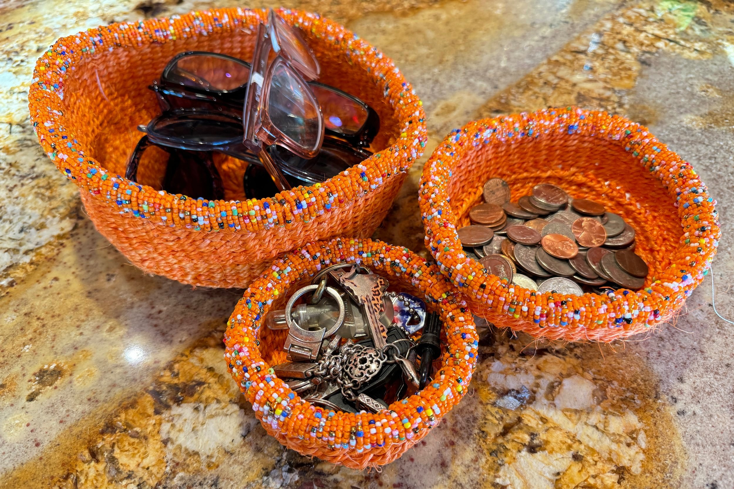 3-Piece Kitui Basket Set (Tangerine w/ Beaded Multicolored Trim) - World Love Global