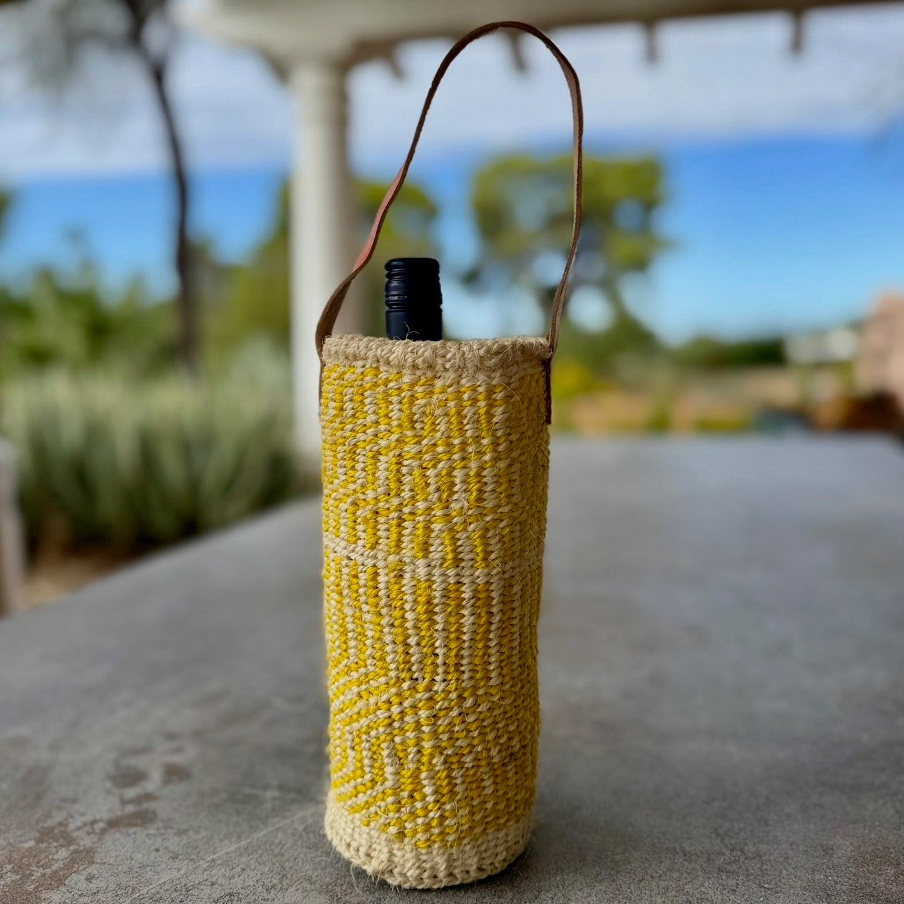Handwoven Wine Tote w/ Leather Handle (Natural Woven Yellow)