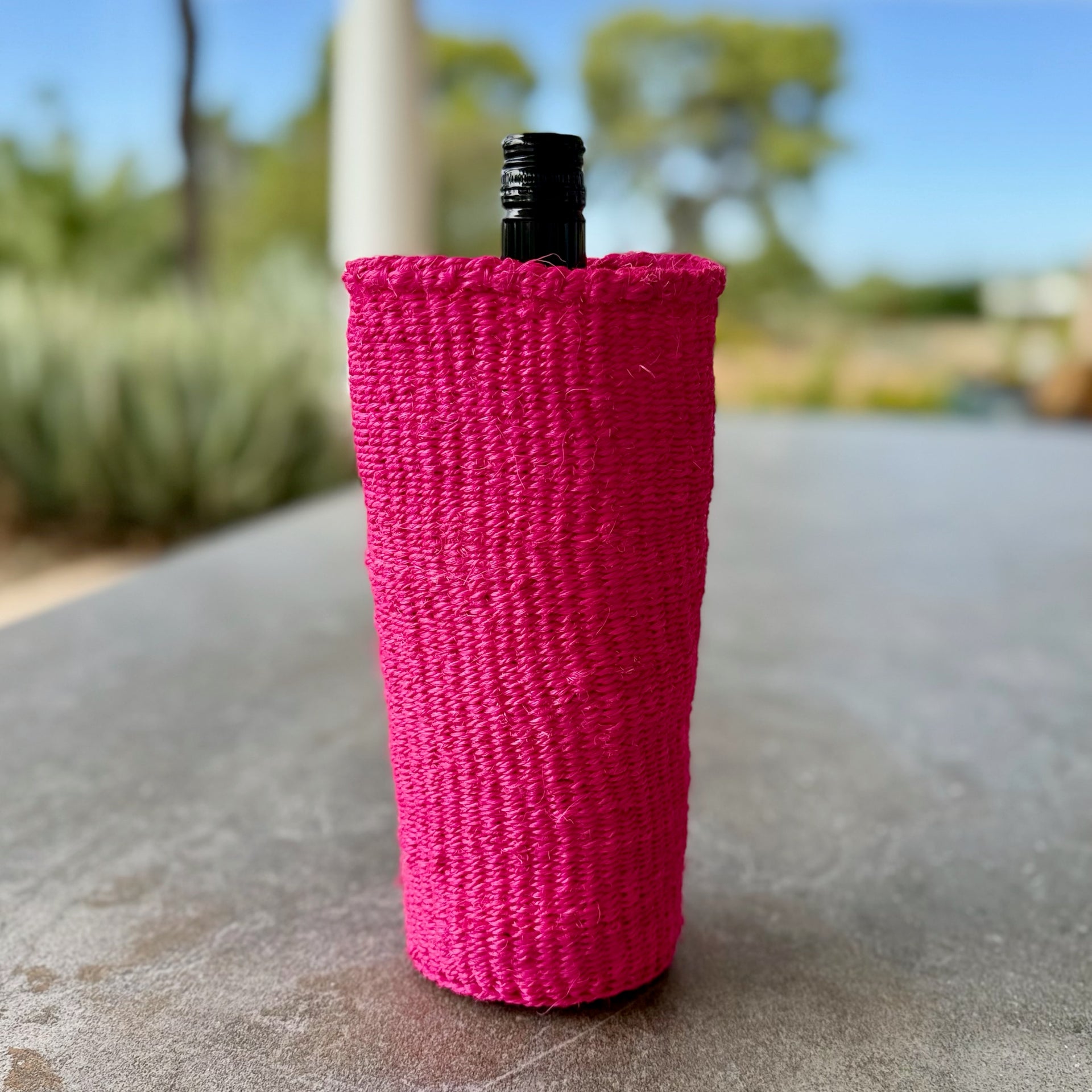 Handwoven Wine Tote (Neon Pink)