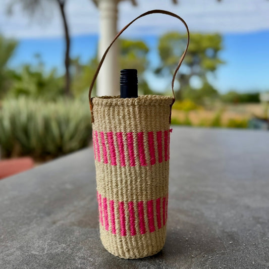 Handwoven Wine Tote w/ Leather Handle (Neon Pink Line Striped)
