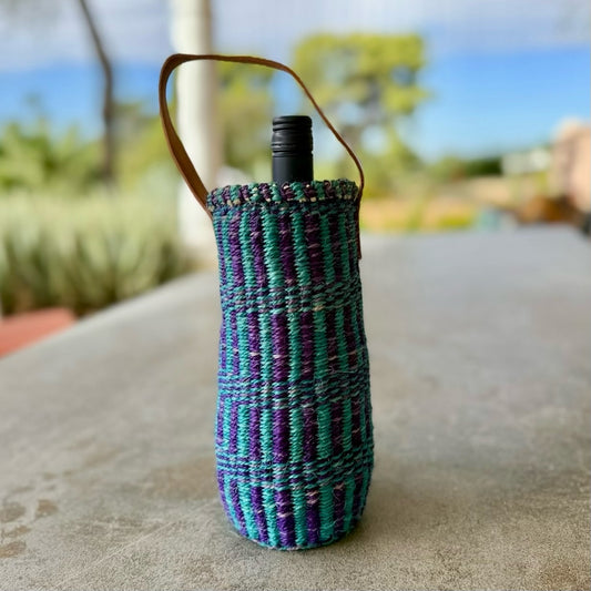 Handwoven Wine Tote w/ Leather Handle (Aquamarine & Violet Step Ladder Weave)