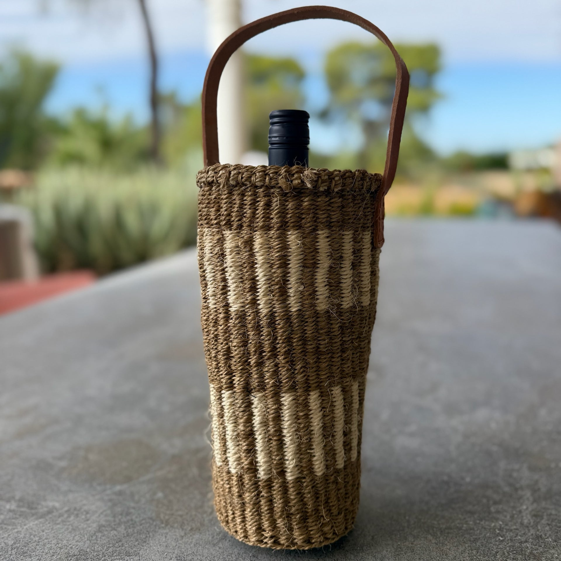 Handwoven Wine Tote w/ Leather Handle (Sand & Ecru Line Striped)