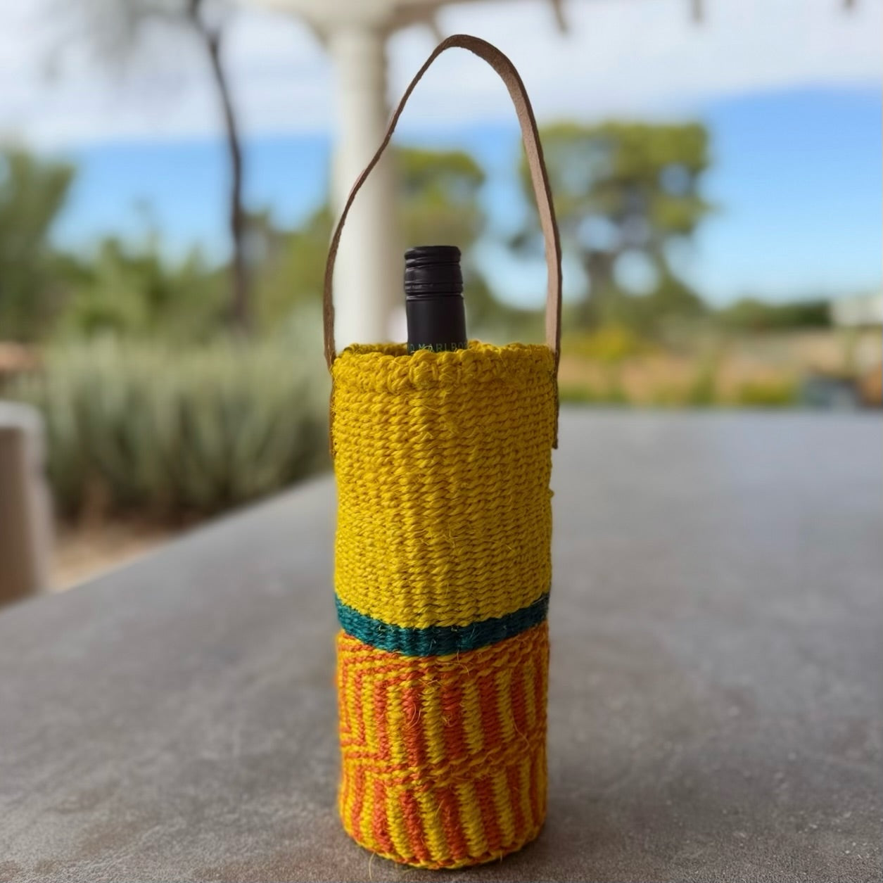 Handwoven Wine Tote w/ Leather Handle (Sunshine & Tangerine Woven w/ Jungle Stripe)
